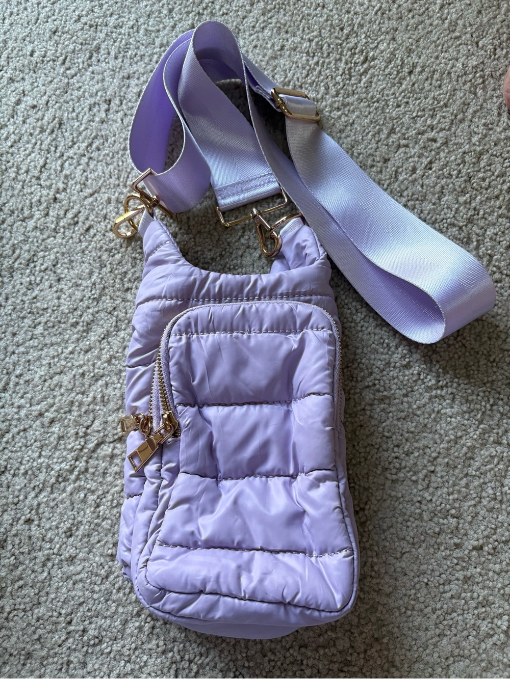 Puffer Crossbody Phone Bag in Lavender with Gold Hardware